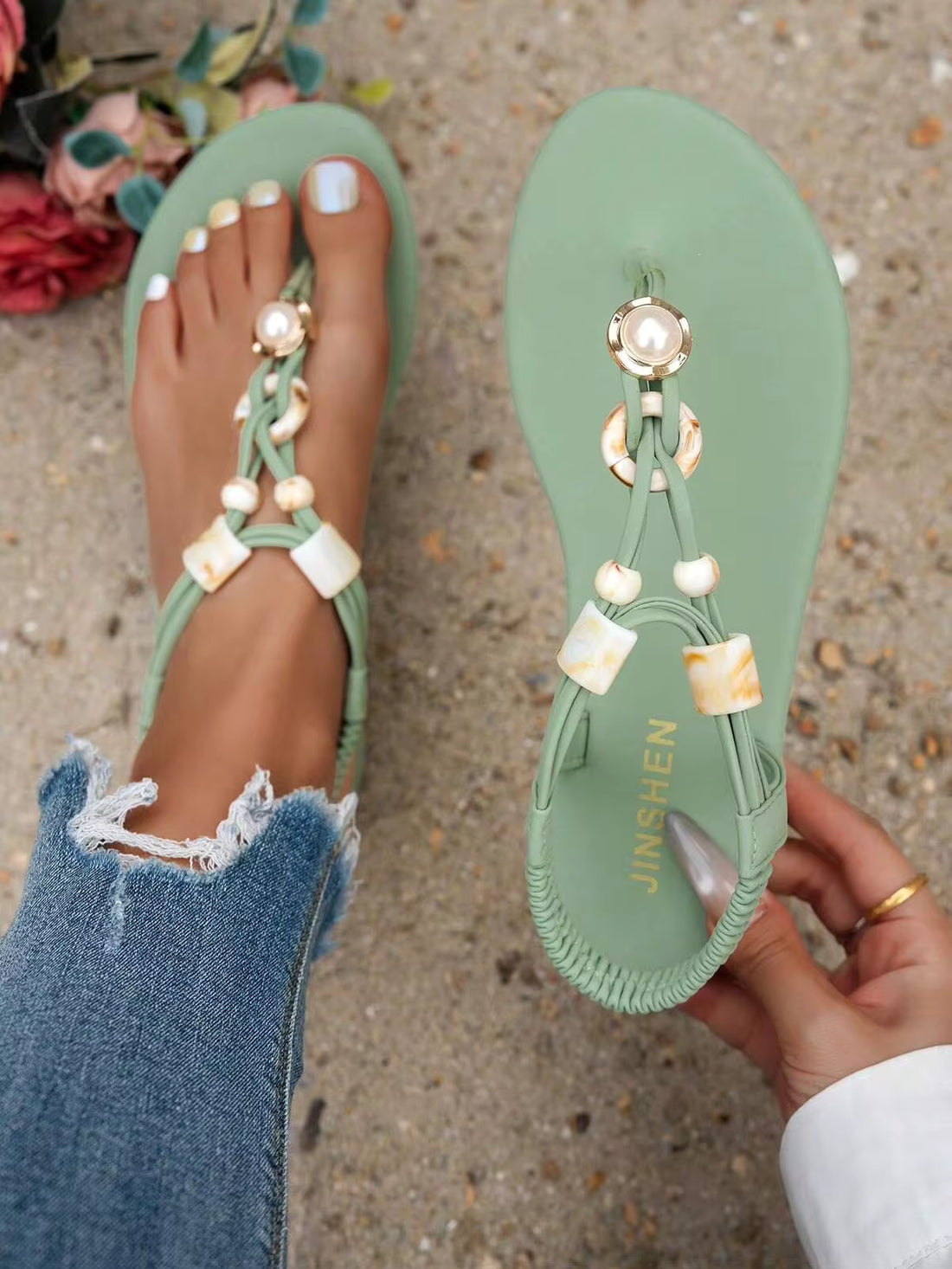 Women's Beaded Woven Flip Flops, Soft Sole Comfortable Beach Sandals Suitable For Daily Commute And Vacation
