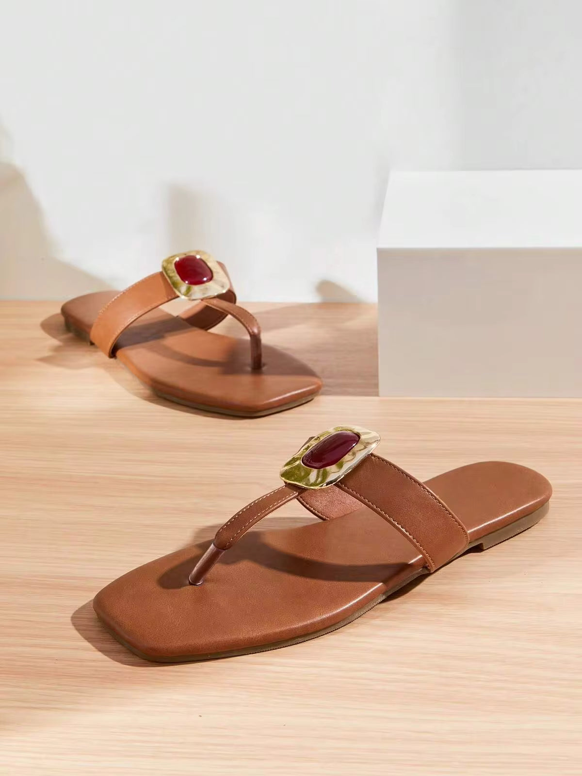 SHUZIA New Versatile Ladie's Coffee Faux Leather Pu Gemstone Embellish Square Toe Flat Sandal Slide Comfort Spring Summer Chic Holiday Shoes Vacation Beach